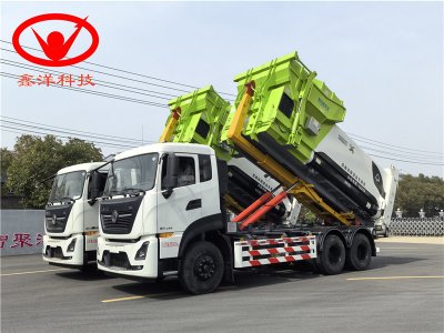 东风天龙勾臂车、18方移动压缩垃圾站出发东莞
